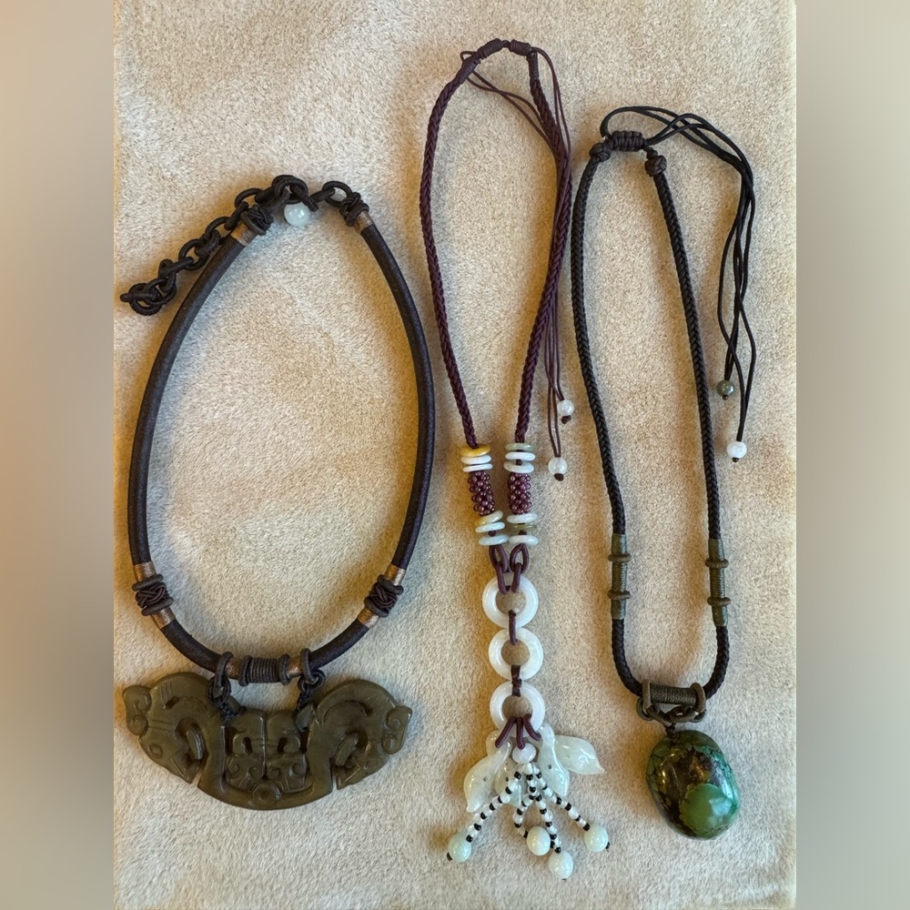 Stone and Jade hand knotted necklaces silk thread - unique vintage find lot of 3